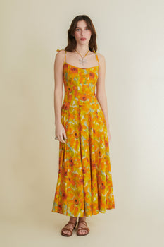 Grevy yellow long pleated dress