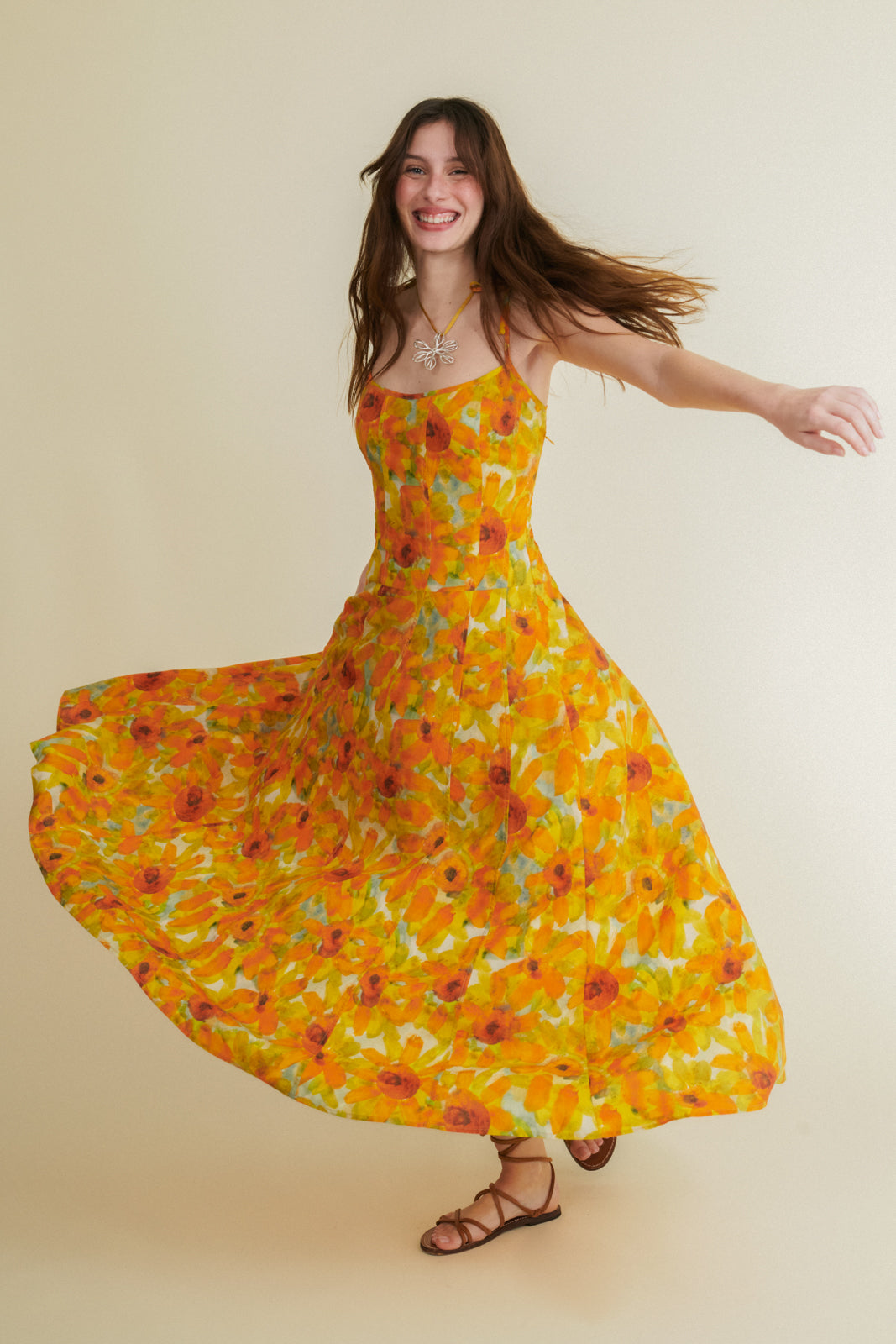 Grevy yellow long pleated dress