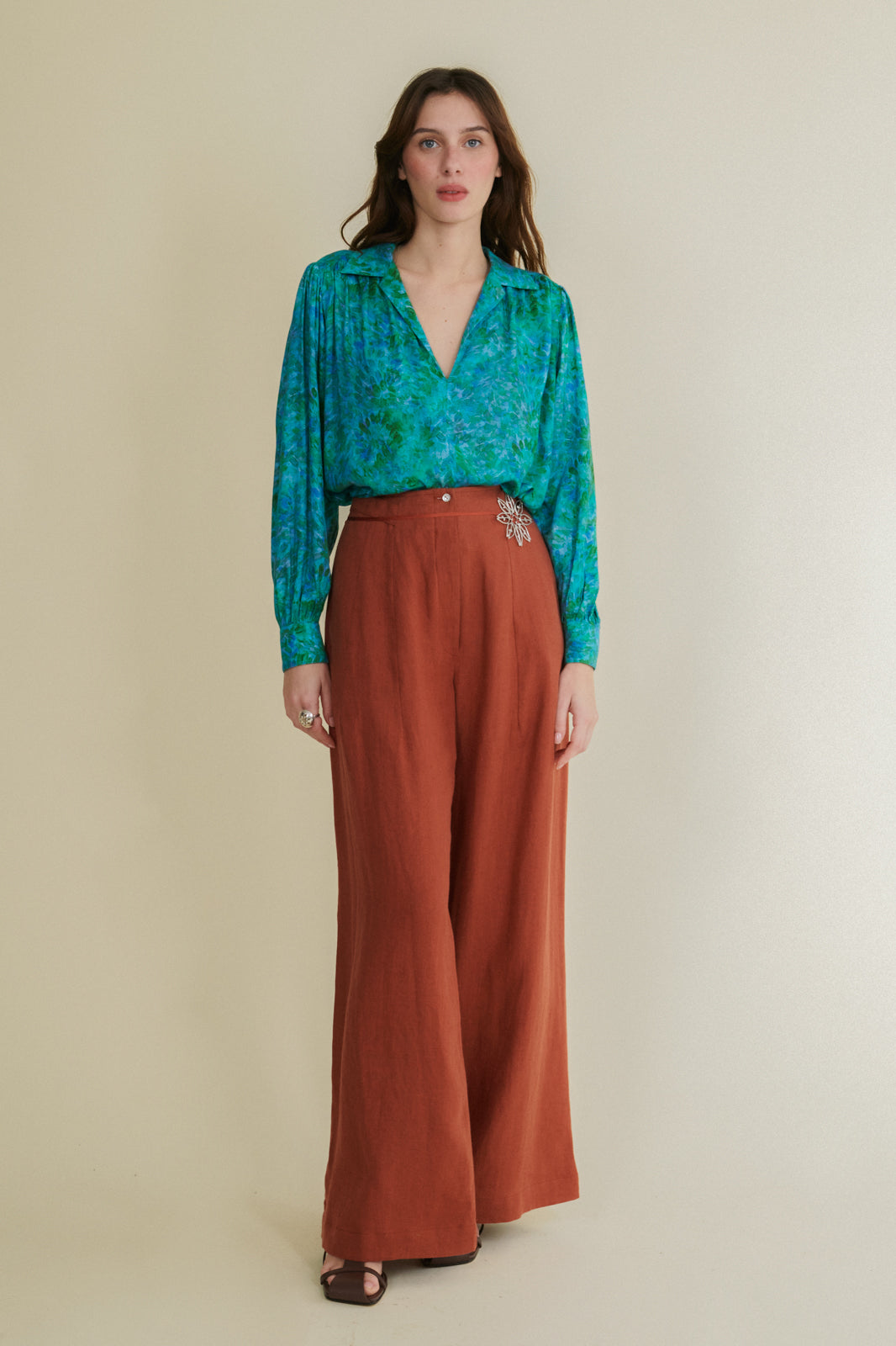 Adelfa turquoise loose v-neck blouse